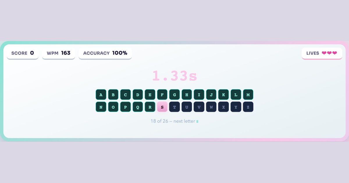 Alphabet Typing Game gameplay screenshot: Type A to Z as fast as you can, timed to the hundredth of a second. The record is 3.37s.