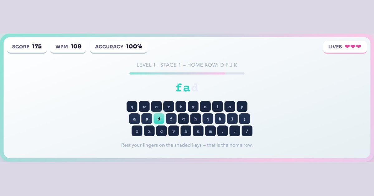 Dance Mat Typing gameplay screenshot: A twelve-stage home row course in four levels. The next key you need lights up as you go.