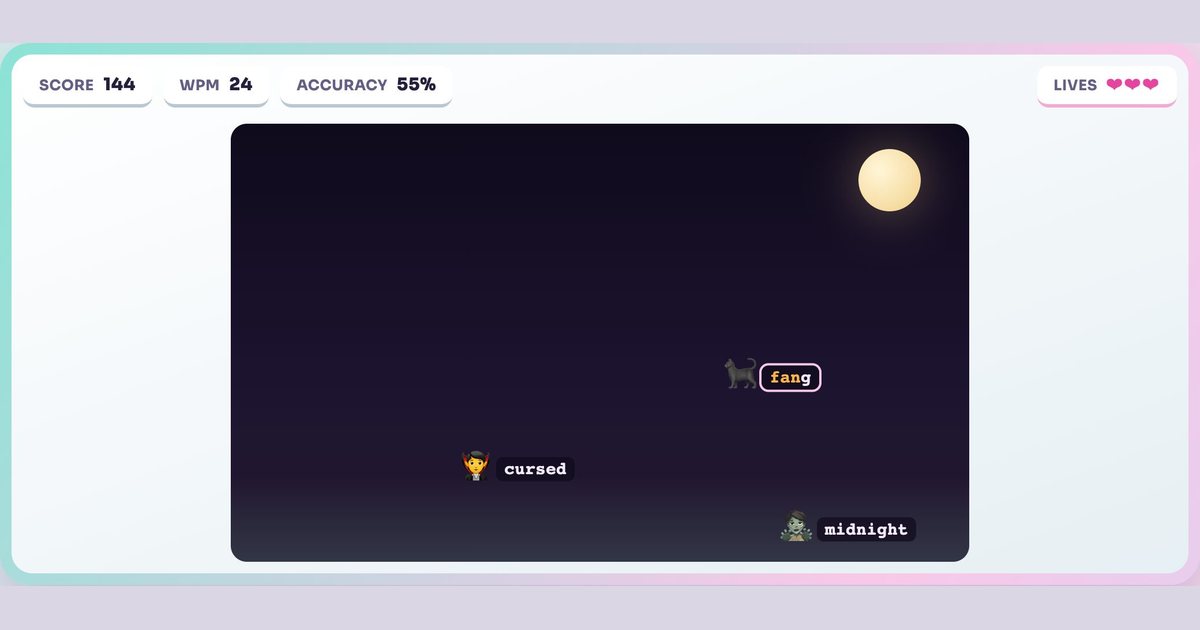 Halloween Typing Games gameplay screenshot: Ghosts and pumpkins rise out of the fog. Type a word to banish the spook before it escapes.