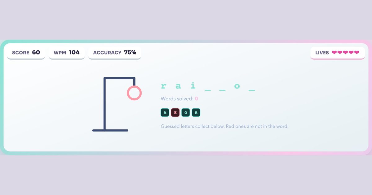 Hangman Typing Game gameplay screenshot: The classic word guess, played from the keyboard. Six wrong letters and it's over.