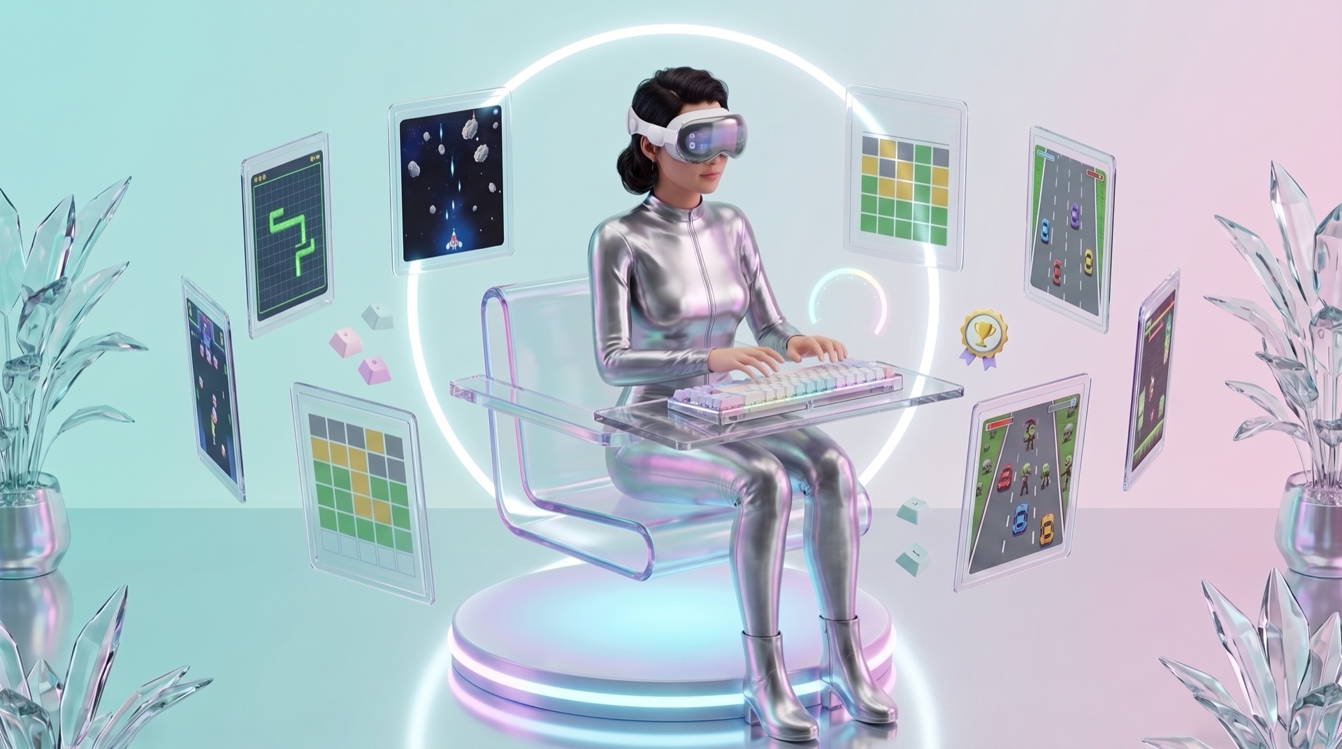 A player in a metallic suit and AR visor typing on a keyboard, surrounded by floating cards showing typing games