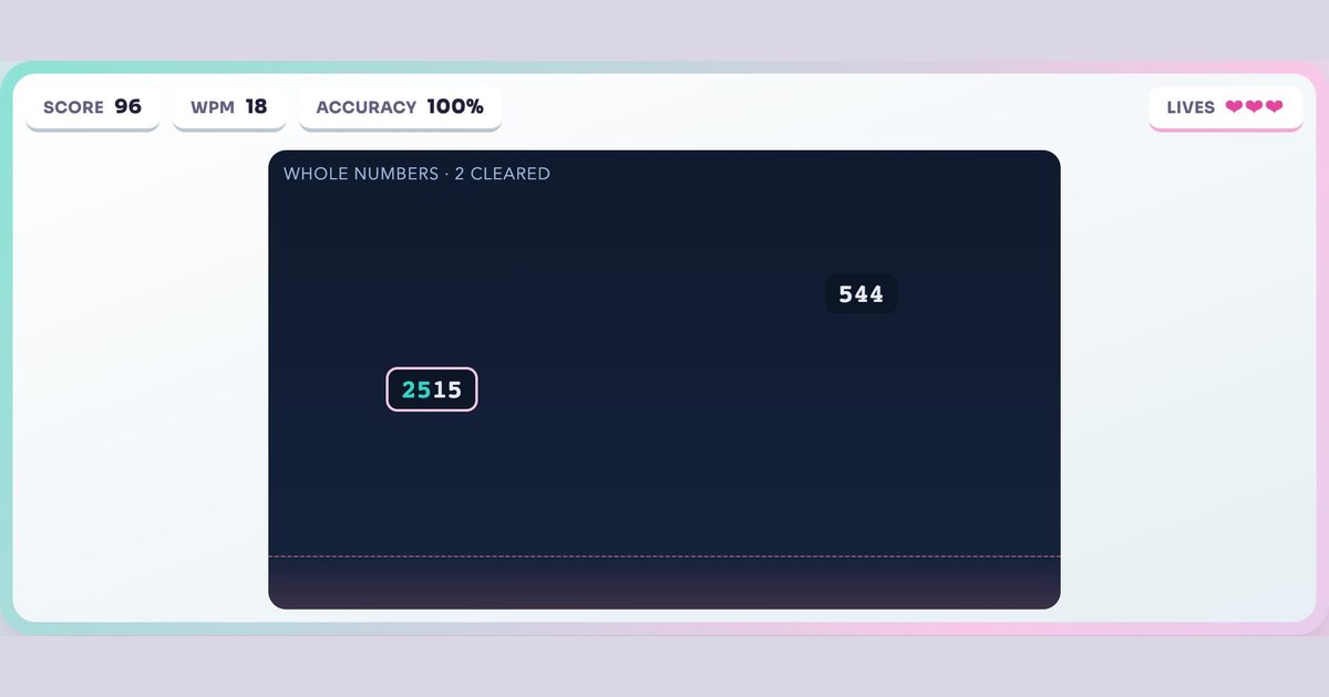 Number Typing Game gameplay screenshot: Ten-key drill: whole numbers, decimals, currency and codes drop down a ledger.