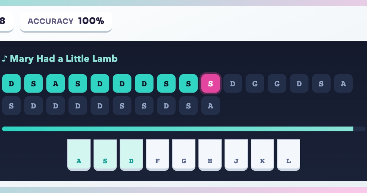 Piano Typing Game gameplay screenshot: The home row becomes a piano. Type the letter tiles in order and every key plays its real note.